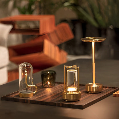 Rechargeable UFO Disc Table Lamp Polished Metal 3-Step Dimming Touch Cordless Gold Silver or Black