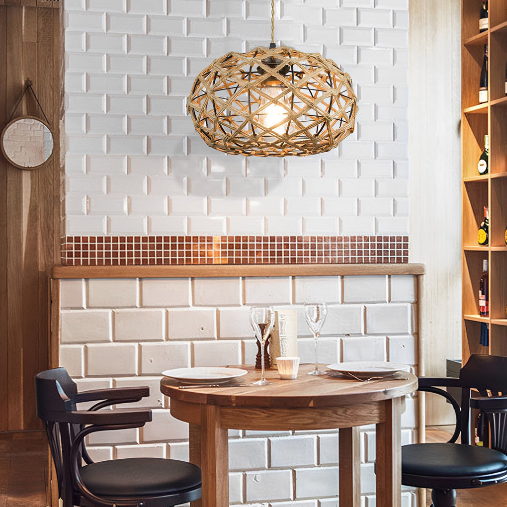 Hand-Woven Rope Cage Semi-Flush Mount Ceiling Light — Retro Rustic Beige Iron E26 E27