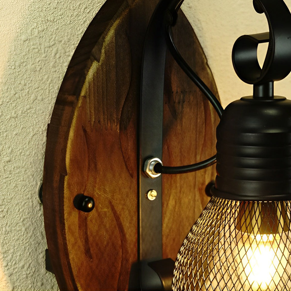 Rustic Wood Iron Industrial Wall Sconce Black Mesh E27 Vintage Bedroom Café Hallway