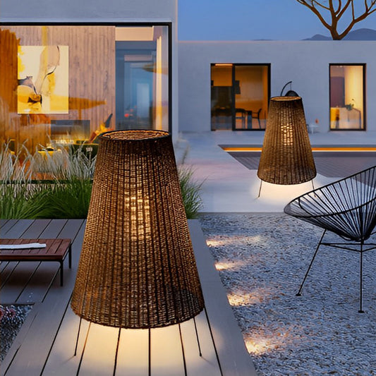 Rattan Tapered Drum Tripod LED Outdoor Floor Lamp IP65 Glass Diffuser 3000K 40W