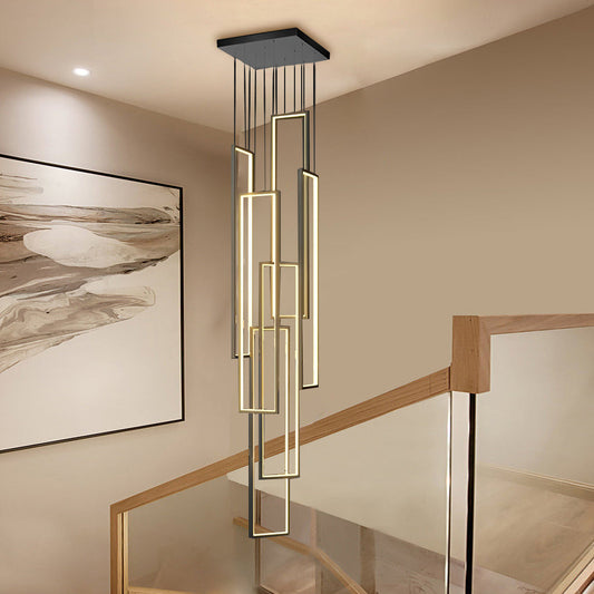 Staircase Chandelier Aluminum Silicone Six Rectangular Frame Black Nordic Integrated LED Three Heights 3000K or 6000K