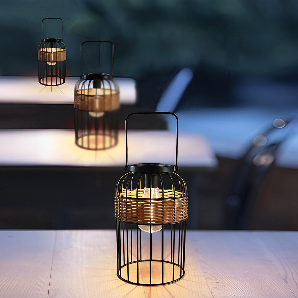 Handwoven Rattan Solar Outdoor Lantern Black Iron Portable Auto On Off IP55 Waterproof LED 6 Inch