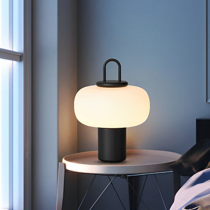 Milk Glass Orb Rechargeable LED Table Lamp Black Metal Ring Handle 3000K Warm White Portable Lantern 12.6''