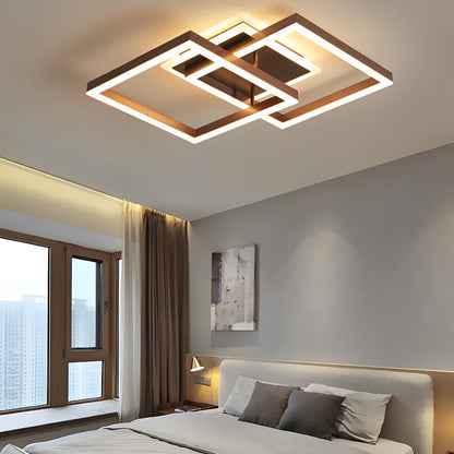 Double-Layer Overlapping Square Semi-Flush Mount Ceiling Light — Modern Nordic Brown Aluminum Acrylic LED