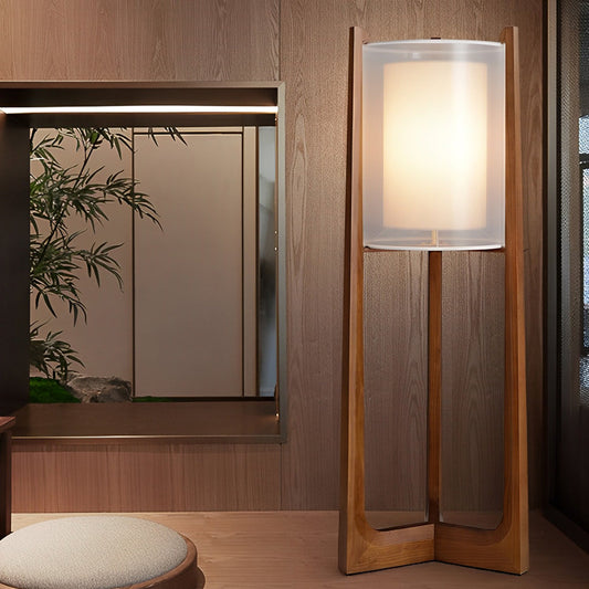 Floor Lamp Japanese Rustic Wood Triangle Base Double Shade LED 3 Color Temperature Warm Neutral Cool White Burlywood 3 Sizes Up To 63 Inch