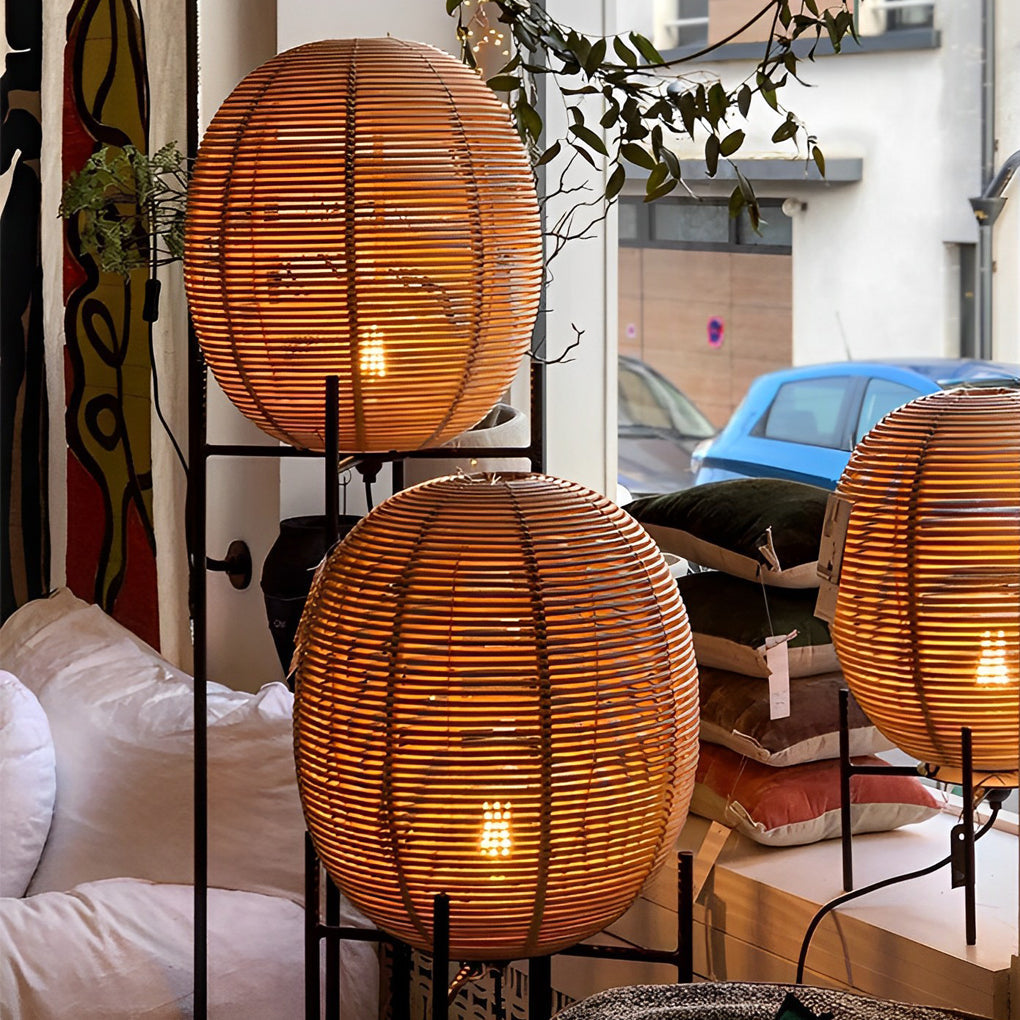 Boho Floor Lamp Rattan Globe Shade Black Iron Frame Rustic Farmhouse Warm White 3000K 3 Sizes Up To 63 Inch