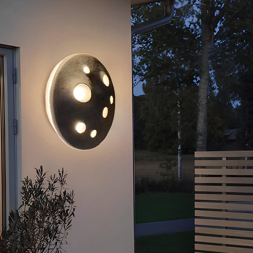 Modern Outdoor Wall Sconce Round Stone Cement Lunar Crater LED IP65 Gray Industrial 12 18 Inch