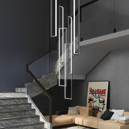 Staircase Chandelier Aluminum Silicone Six Rectangular Frame Black Nordic Integrated LED Three Heights 3000K or 6000K