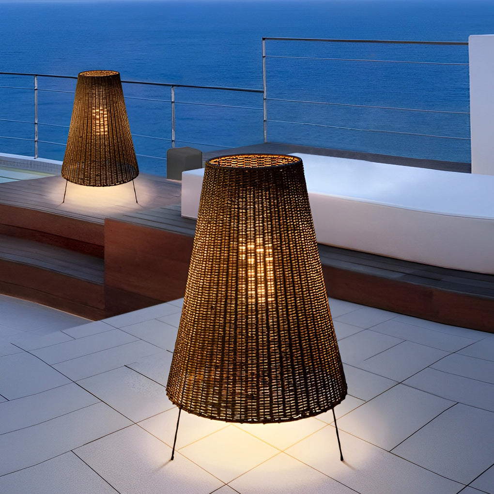 Rattan Tapered Drum Tripod LED Outdoor Floor Lamp IP65 Glass Diffuser 3000K 40W