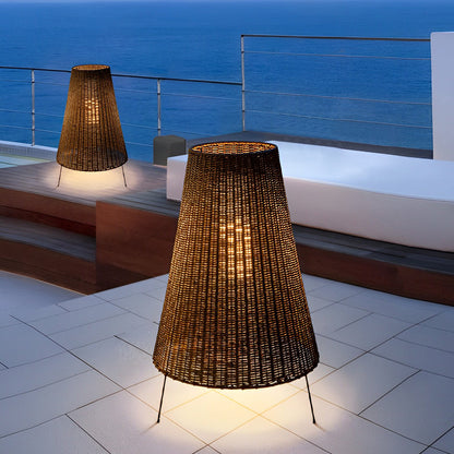 Rattan Tapered Drum Tripod LED Outdoor Floor Lamp IP65 Glass Diffuser 3000K 40W