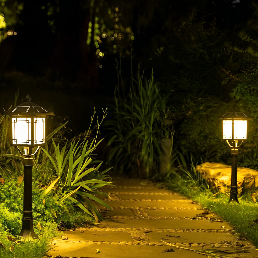 Ancient House Style Solar Outdoor Post Light Black Aluminum 3 Step Dimming Remote 3 Heights IP54