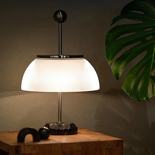 Ribbed Glass Bowl Table Lamp Modern Italian Accent Light with Metal Base Black or Silver 18.9 Inch