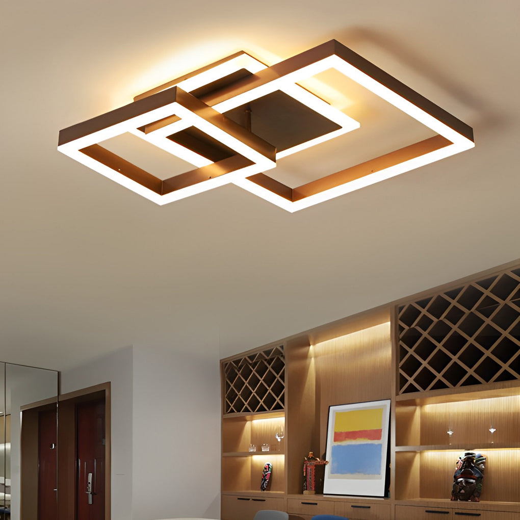 Double-Layer Overlapping Square Semi-Flush Mount Ceiling Light — Modern Nordic Brown Aluminum Acrylic LED
