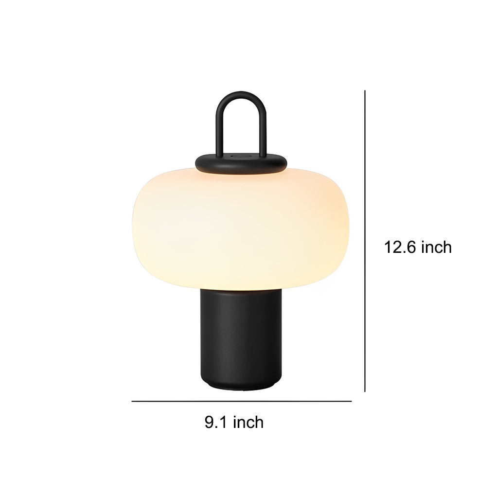 Milk Glass Orb Rechargeable LED Table Lamp Black Metal Ring Handle 3000K Warm White Portable Lantern 12.6''