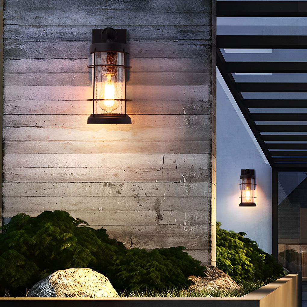 Rustic Outdoor Wall Lantern Iron Bubbles Glass E27 Black Waterproof Industrial Retro Porch 12 Inch