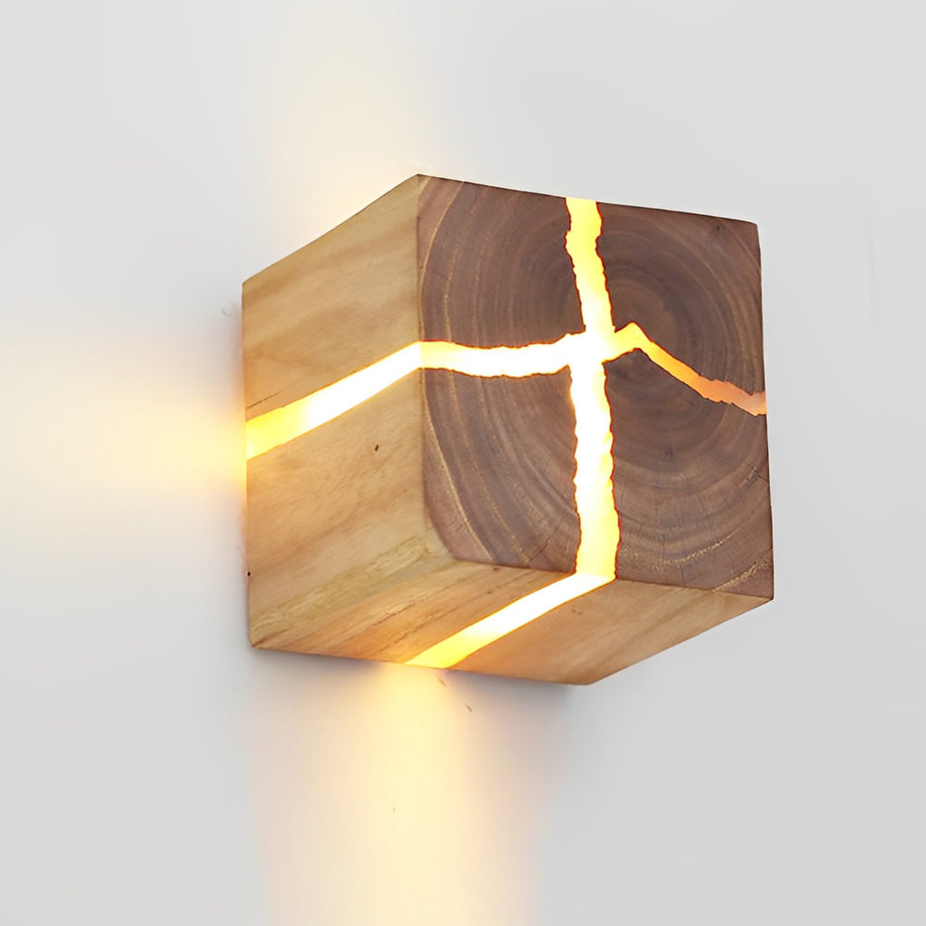 Rustic Wood Cube Wall Sconce Cracked Grain LED Square Bedroom Living Room