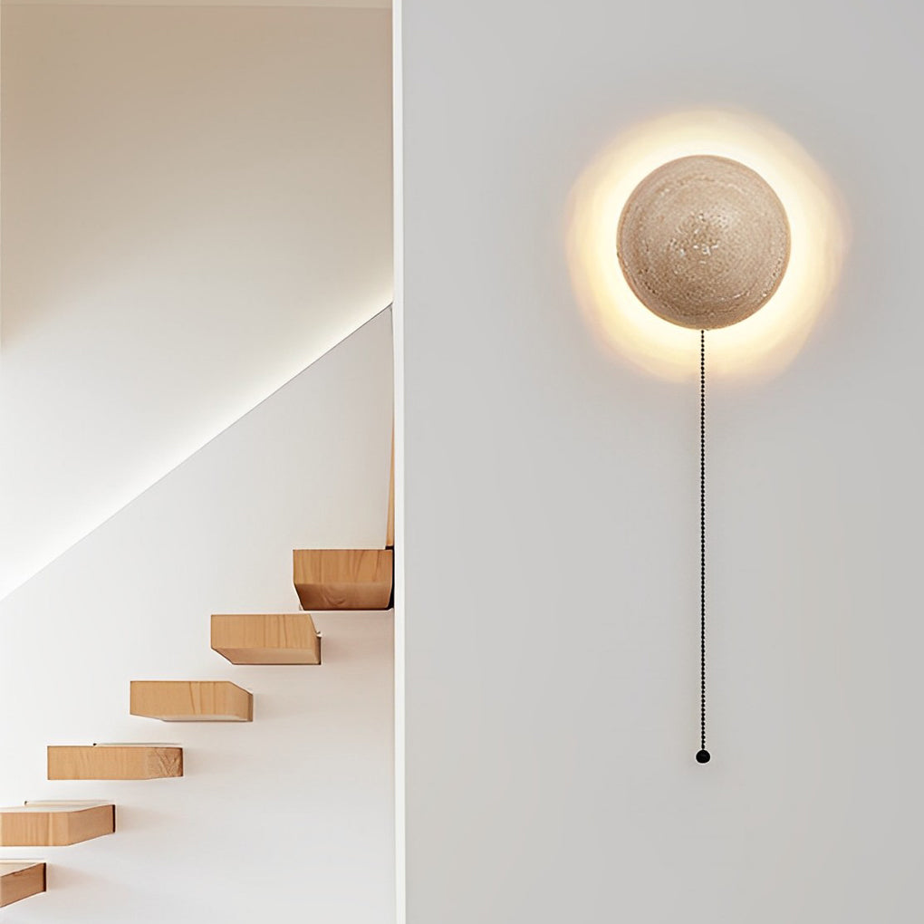 Japanese Travertine Round LED Wall Sconce — Minimalist Stone Wall Lighting