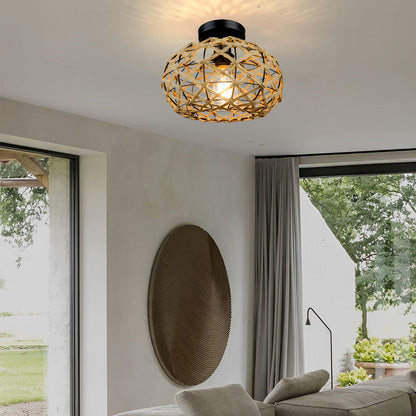 Hand-Woven Rope Cage Semi-Flush Mount Ceiling Light — Retro Rustic Beige Iron E26 E27