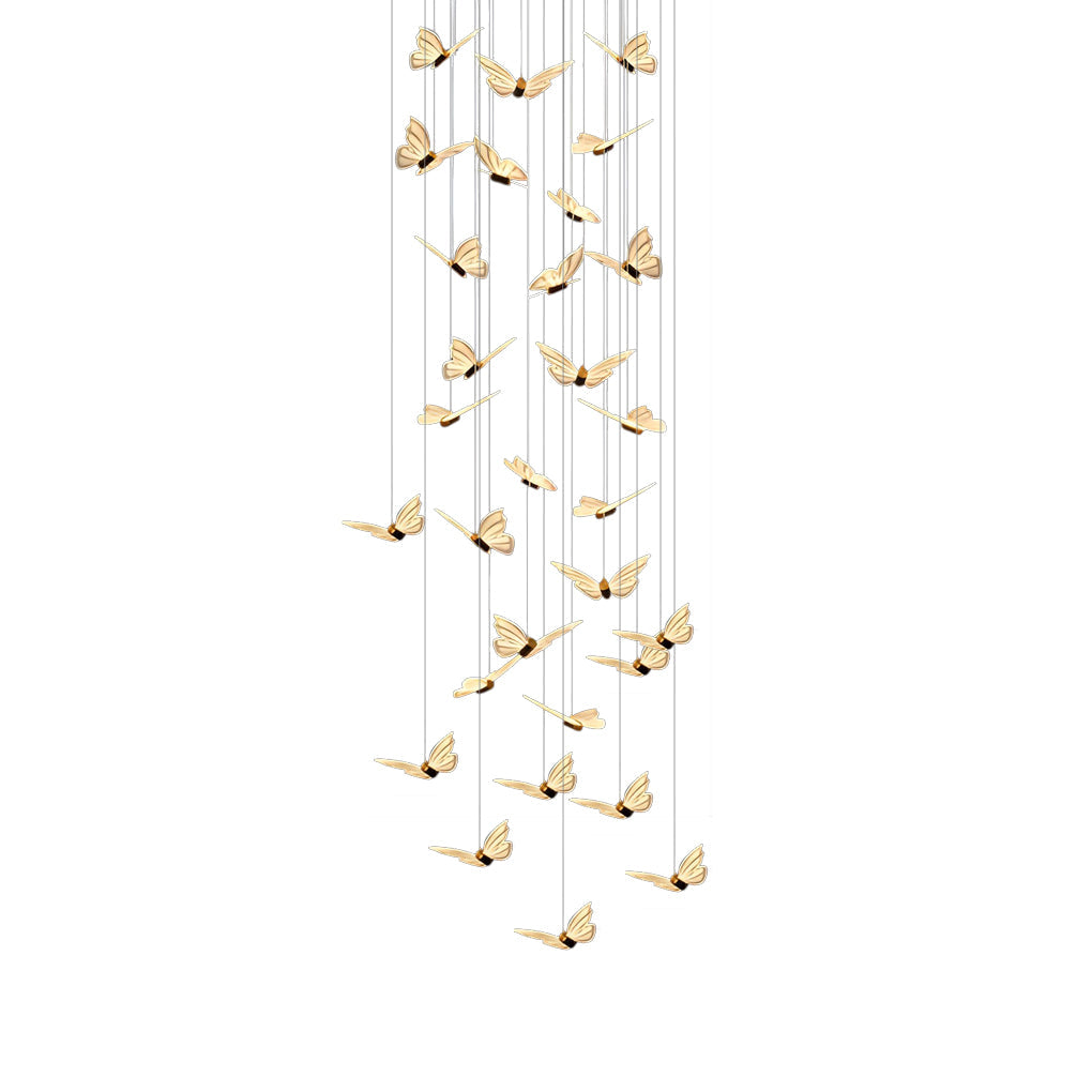 Staircase Chandelier Iron Aluminum Acrylic Butterfly Black Gold Electroplated Integrated LED Modern Retro 3-Step Colour Temperature Five Configurations 9-Light to 30-Light