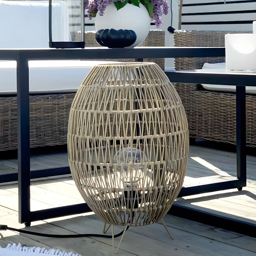Handmade Rattan Oval Cage Outdoor Floor Lamp IP65 E27 Retro Rustic Iron