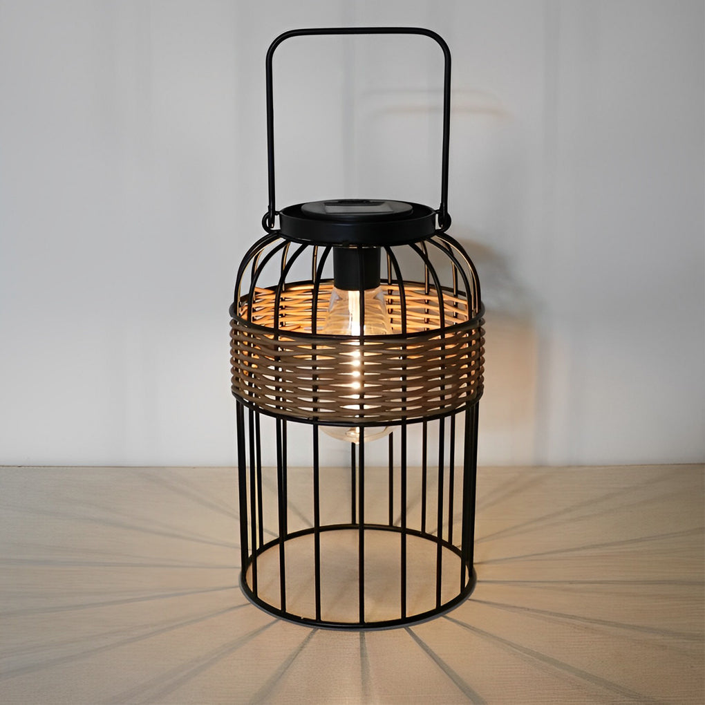 Handwoven Rattan Solar Outdoor Lantern Black Iron Portable Auto On Off IP55 Waterproof LED 6 Inch