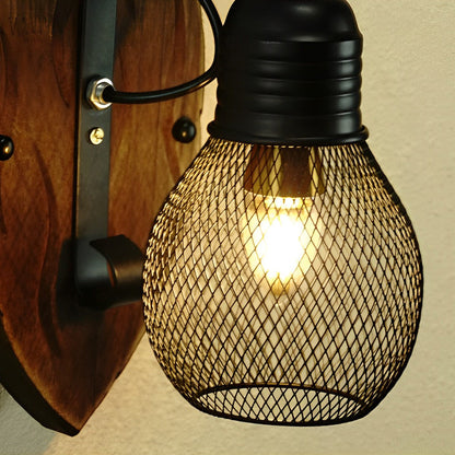 Rustic Wood Iron Industrial Wall Sconce Black Mesh E27 Vintage Bedroom Café Hallway