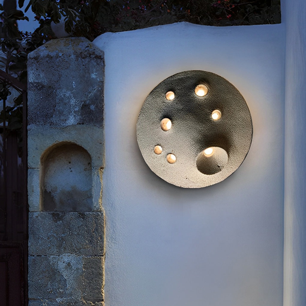 Modern Outdoor Wall Sconce Round Stone Cement Lunar Crater LED IP65 Gray Industrial 12 18 Inch