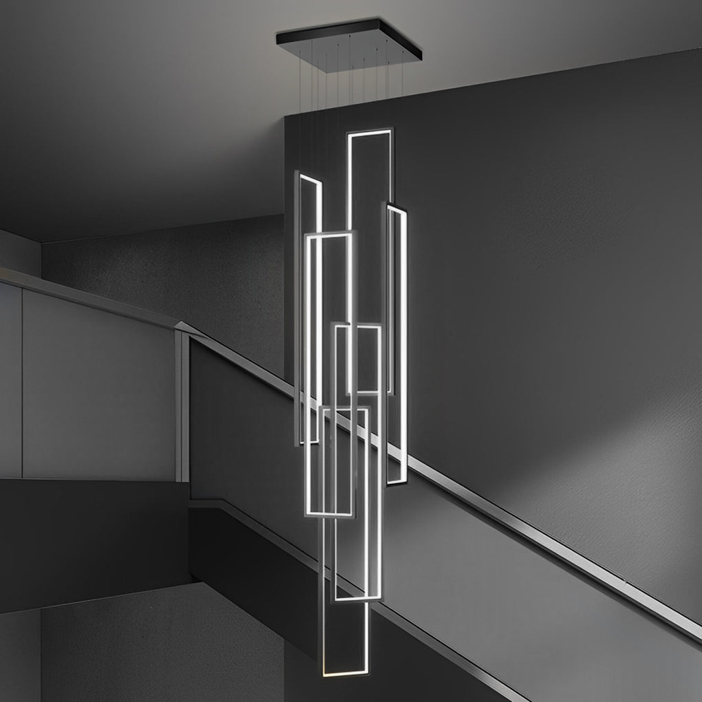 Staircase Chandelier Aluminum Silicone Six Rectangular Frame Black Nordic Integrated LED Three Heights 3000K or 6000K