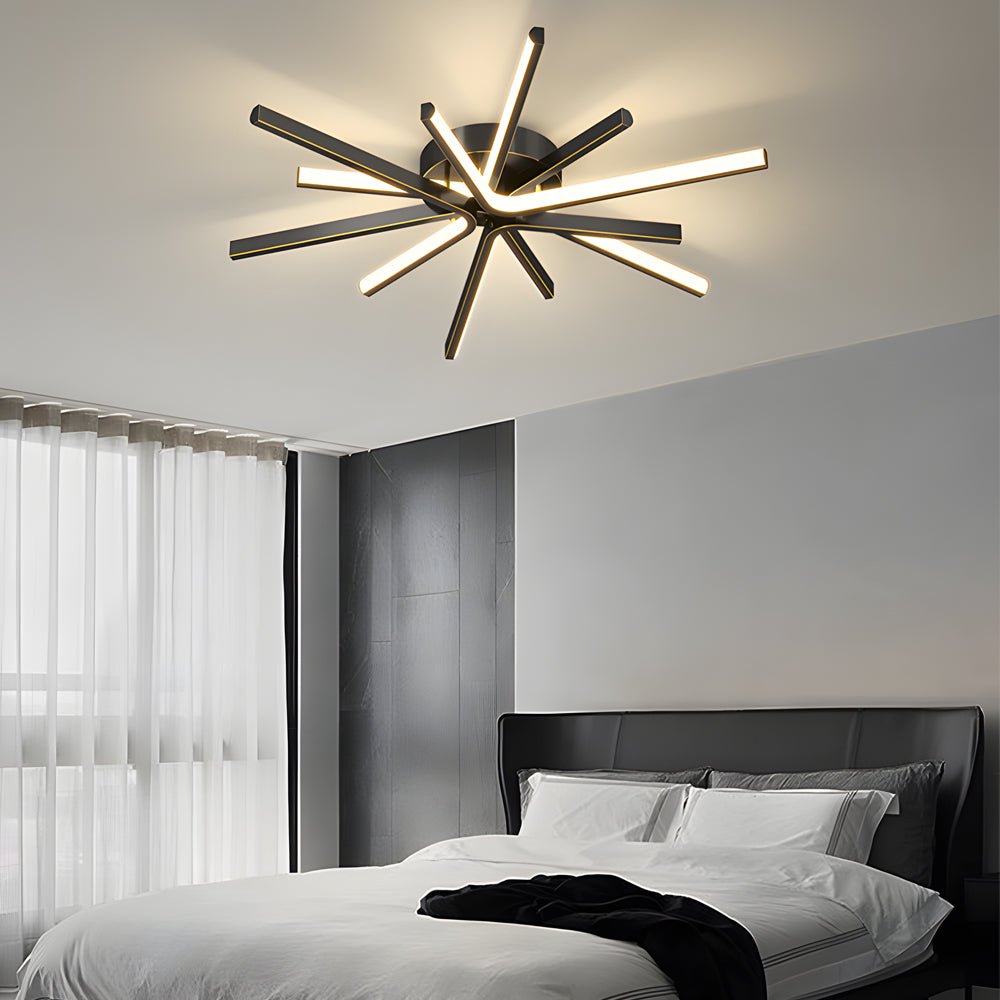 Starburst Semi-Flush Mount Ceiling Light — Modern Copper Integrated LED 6-Light Black Gold