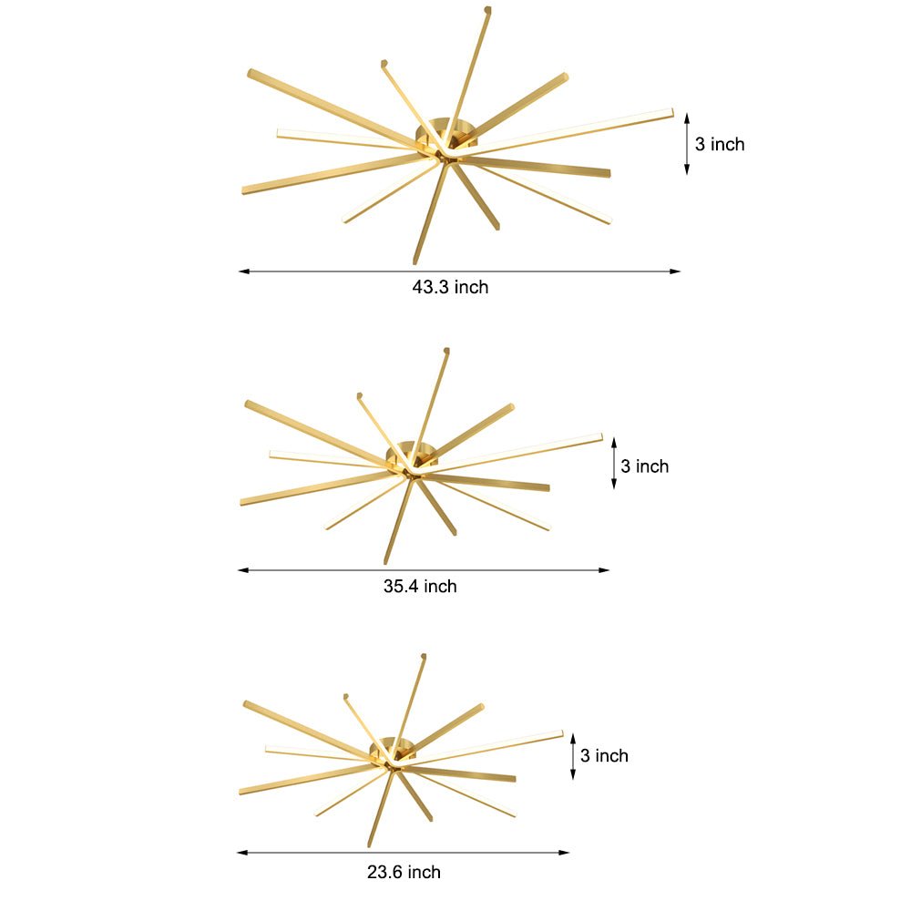 Starburst Semi-Flush Mount Ceiling Light — Modern Copper Integrated LED 6-Light Black Gold