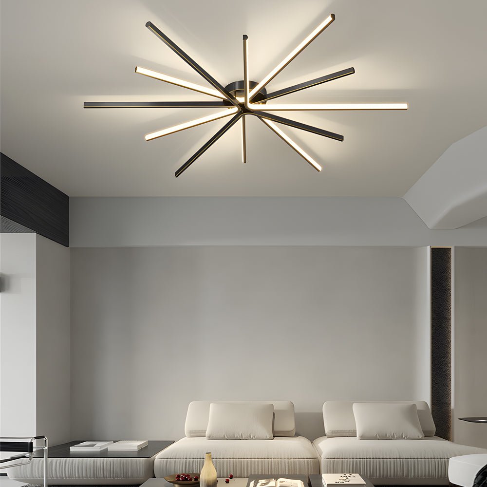 Starburst Semi-Flush Mount Ceiling Light — Modern Copper Integrated LED 6-Light Black Gold