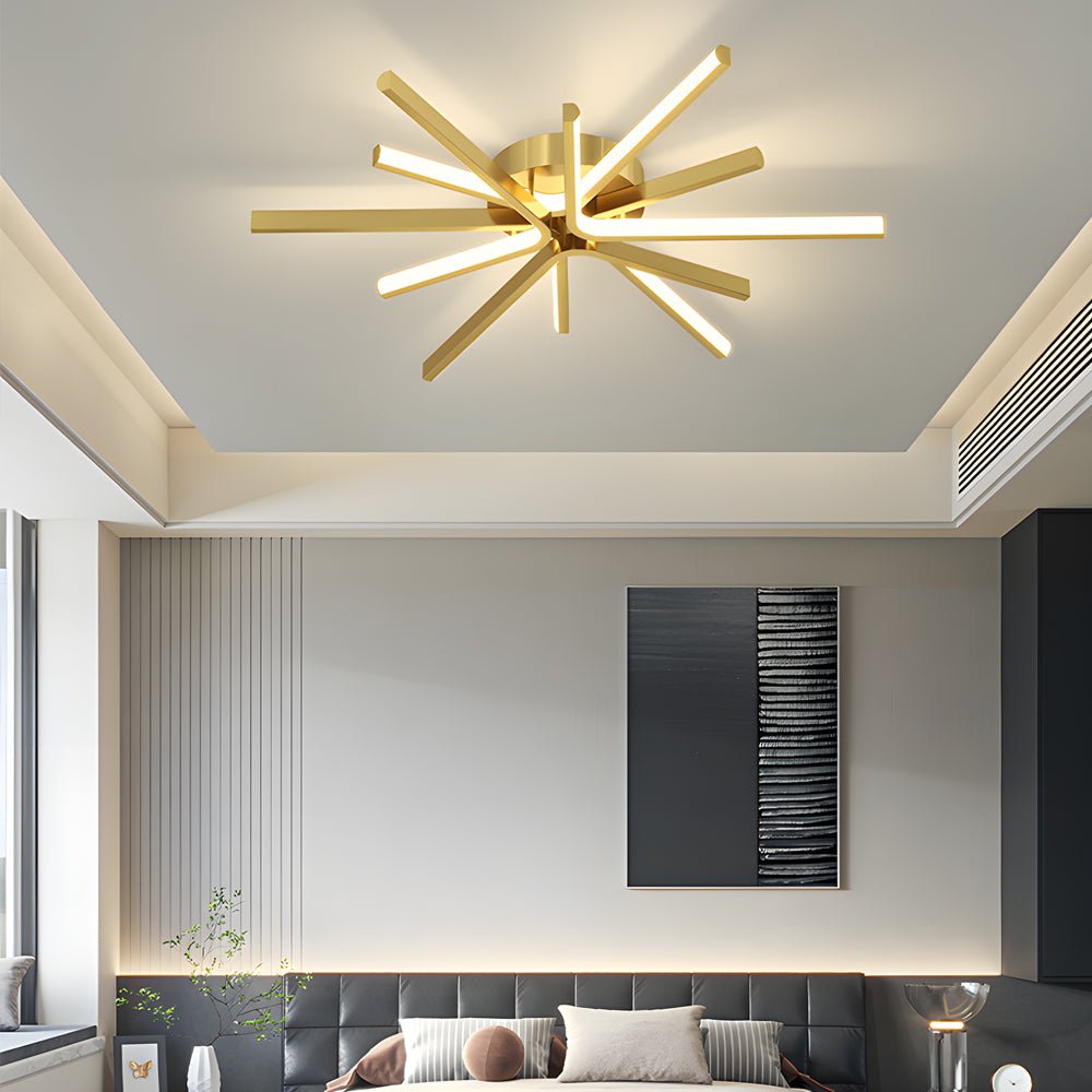 Starburst Semi-Flush Mount Ceiling Light — Modern Copper Integrated LED 6-Light Black Gold