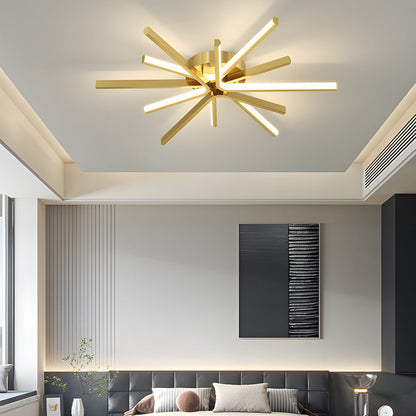Starburst Semi-Flush Mount Ceiling Light — Modern Copper Integrated LED 6-Light Black Gold