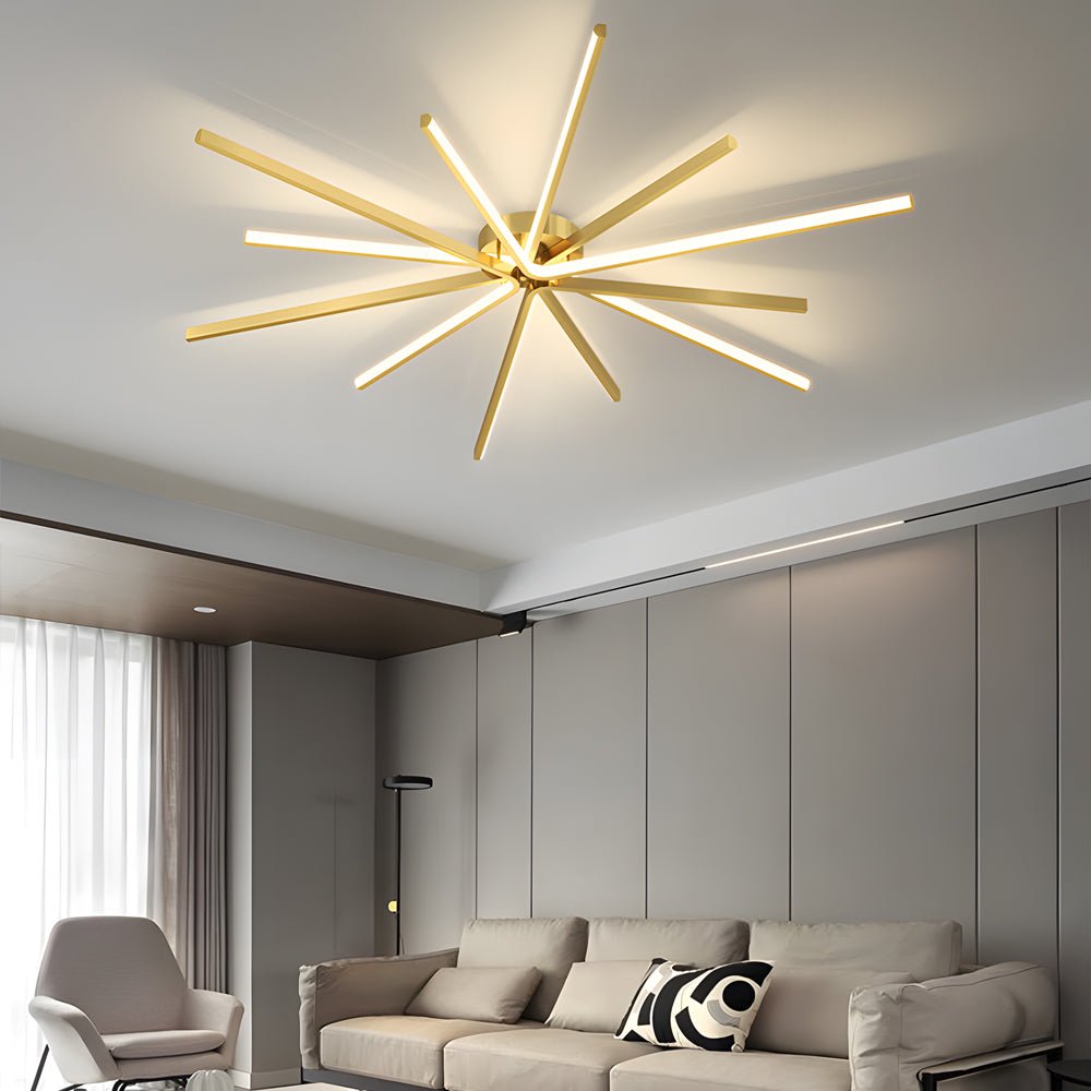 Starburst Semi-Flush Mount Ceiling Light — Modern Copper Integrated LED 6-Light Black Gold