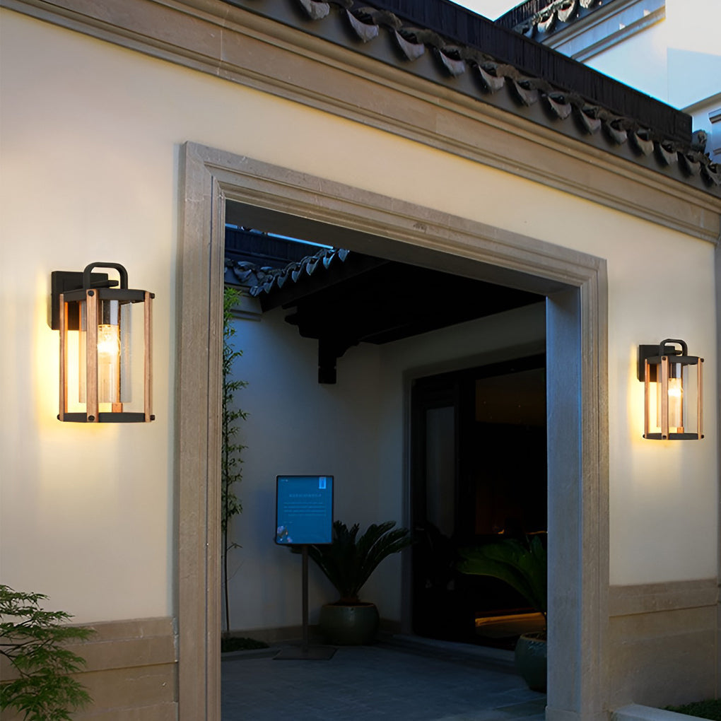 Industrial Outdoor Wall Lantern Die-Cast Aluminum Iron Wood Grain Stand Glass E27 3000K Black Courtyard Villa