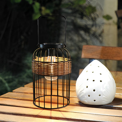 Handwoven Rattan Solar Outdoor Lantern Black Iron Portable Auto On Off IP55 Waterproof LED 6 Inch