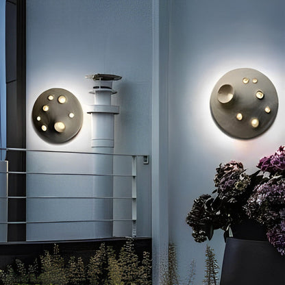 Modern Outdoor Wall Sconce Round Stone Cement Lunar Crater LED IP65 Gray Industrial 12 18 Inch