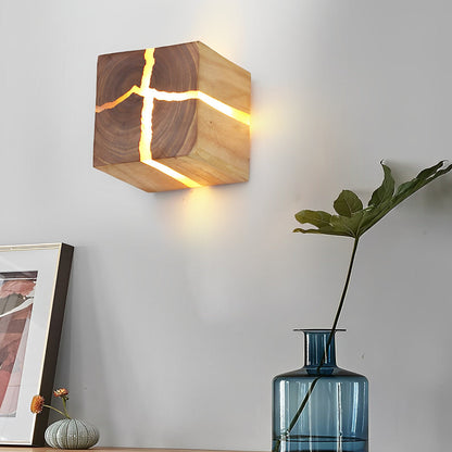 Rustic Wood Cube Wall Sconce Cracked Grain LED Square Bedroom Living Room