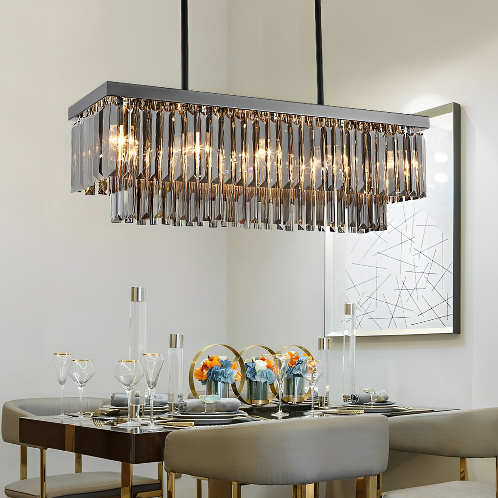 Rectangular Smoke Gray Crystal Chandelier Stainless Steel E14 3-Step Dimming Retro Nordic