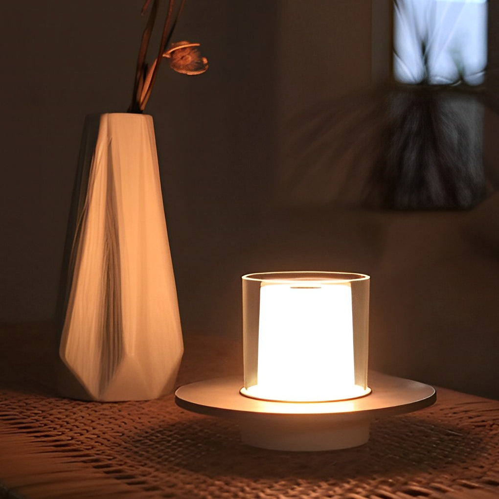 Modern Rechargeable LED Table Lamp Candle Cylinder 2400K Touch Infrared Dimmable Cordless Brass Nickel Dish Base Bedside 4 Inch
