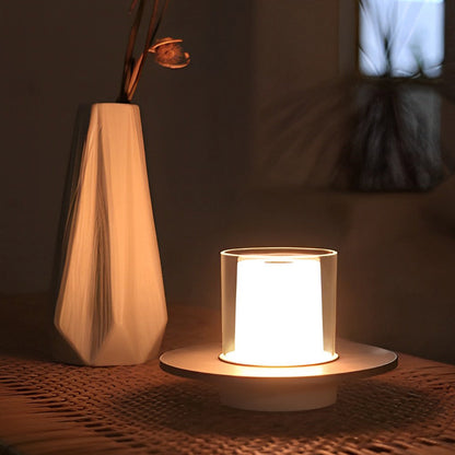 Modern Rechargeable LED Table Lamp Candle Cylinder 2400K Touch Infrared Dimmable Cordless Brass Nickel Dish Base Bedside 4 Inch