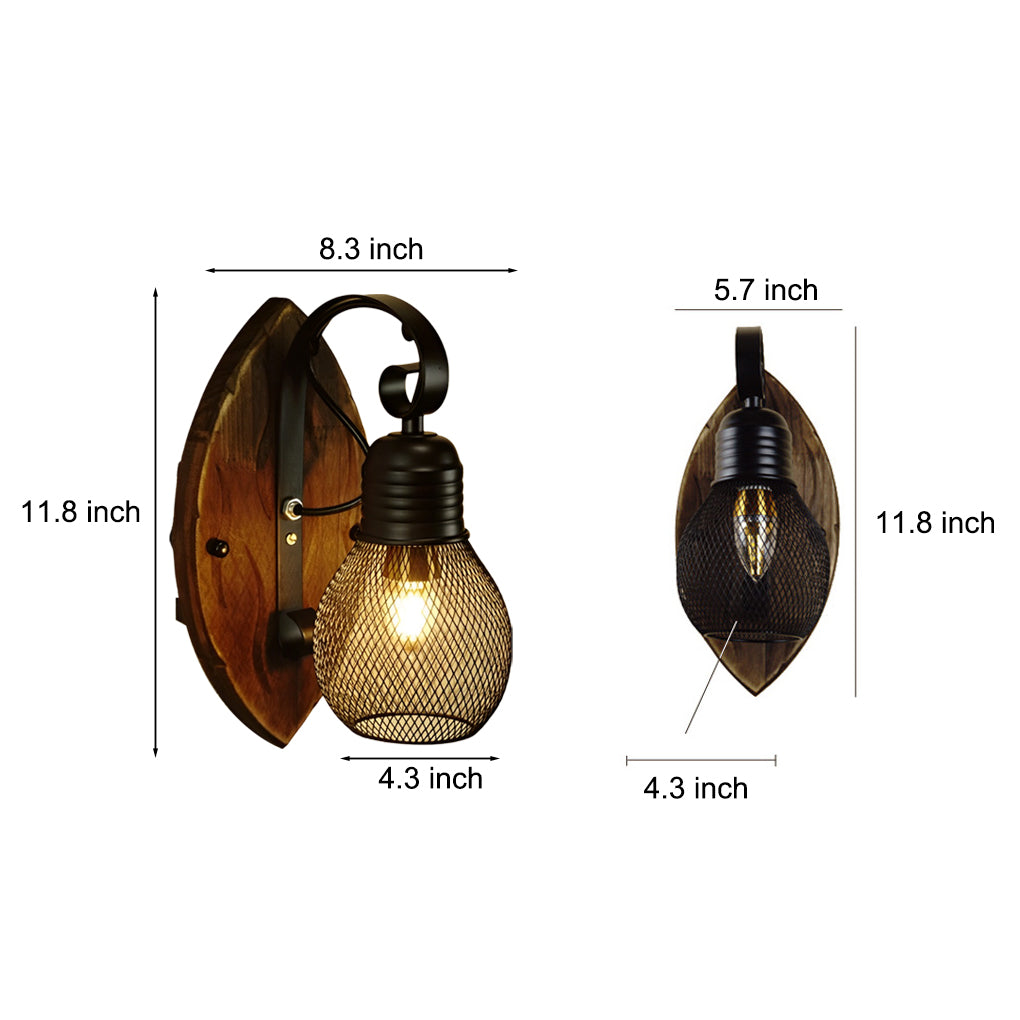Rustic Wood Iron Industrial Wall Sconce Black Mesh E27 Vintage Bedroom Café Hallway