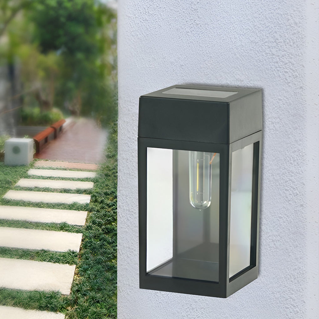 Solar LED Outdoor Wall Sconce Glass Shade Light-Controlled Auto Dusk-to-Dawn Warm White Black Community Park Fence