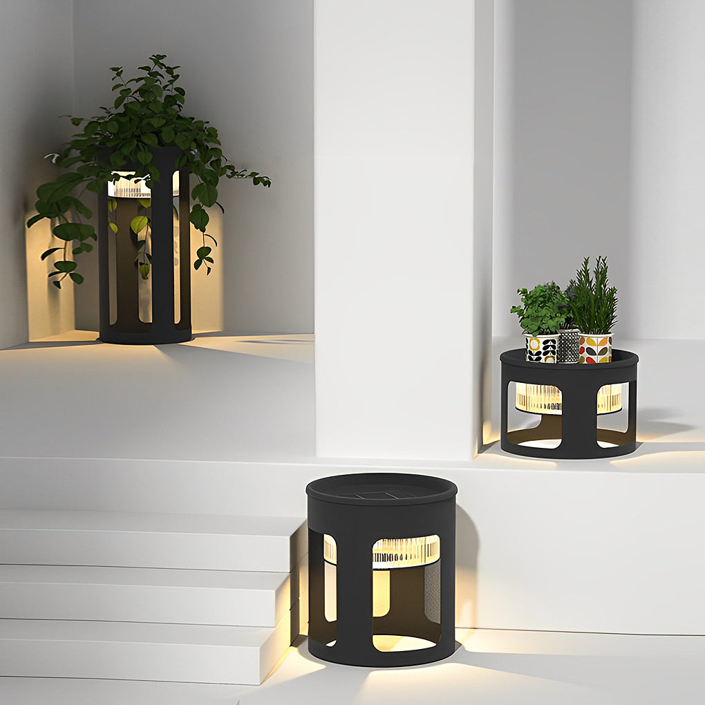 Round Outdoor Table Lamp Solar or Hardwired LED Stainless Steel Black Under-Table Lighting 3000K IP65 3 Sizes Garden Lawn