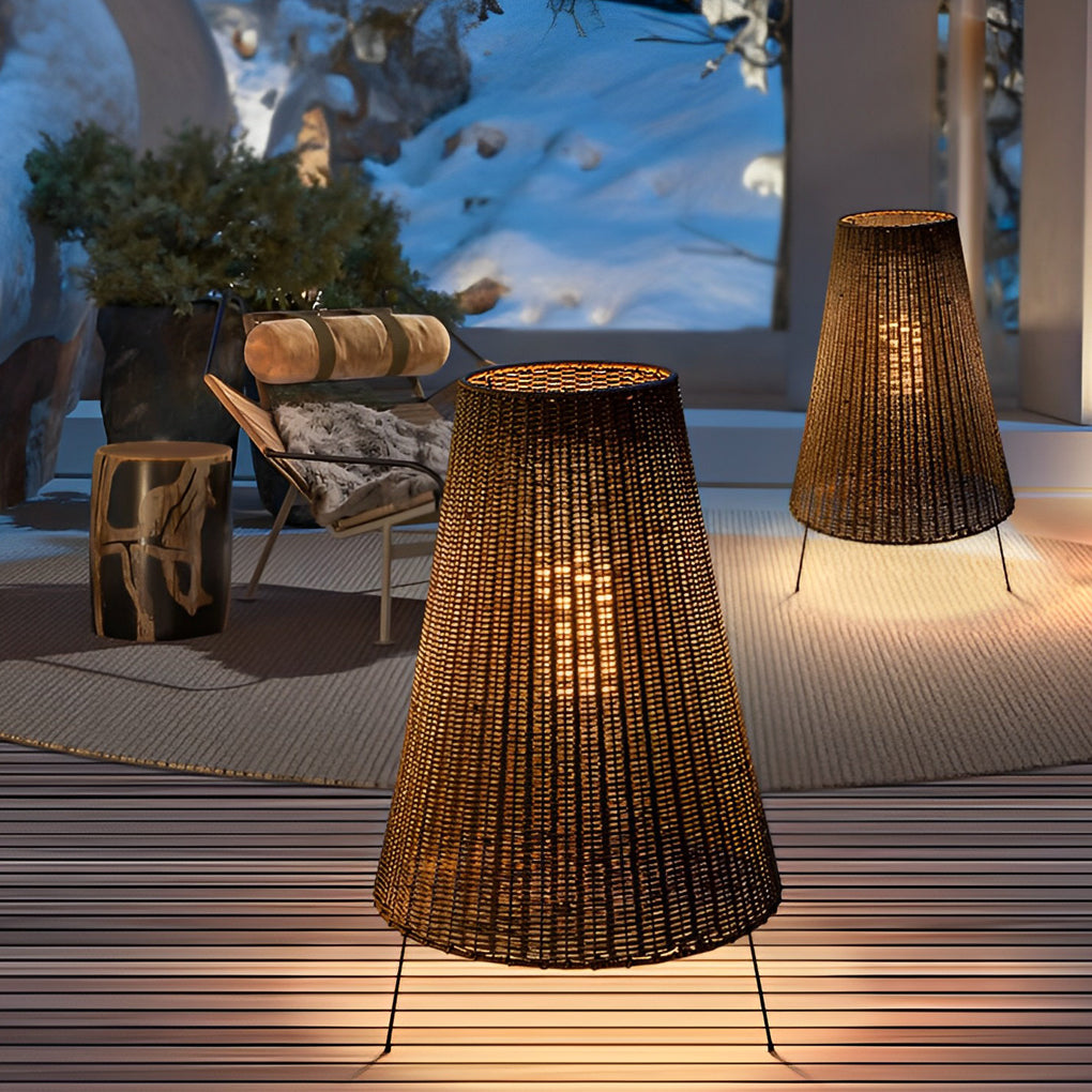 Rattan Tapered Drum Tripod LED Outdoor Floor Lamp IP65 Glass Diffuser 3000K 40W