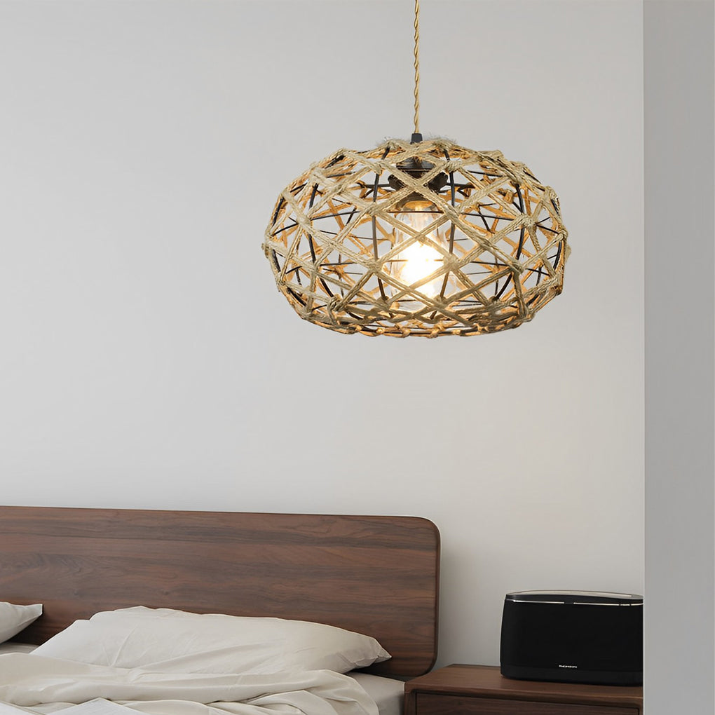 Hand-Woven Rope Cage Semi-Flush Mount Ceiling Light — Retro Rustic Beige Iron E26 E27