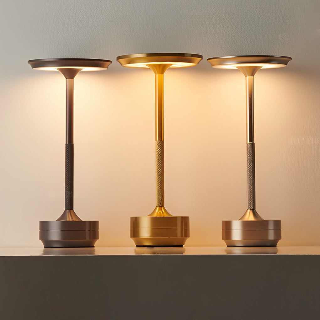 Rechargeable UFO Disc Table Lamp Polished Metal 3-Step Dimming Touch Cordless Gold Silver or Black