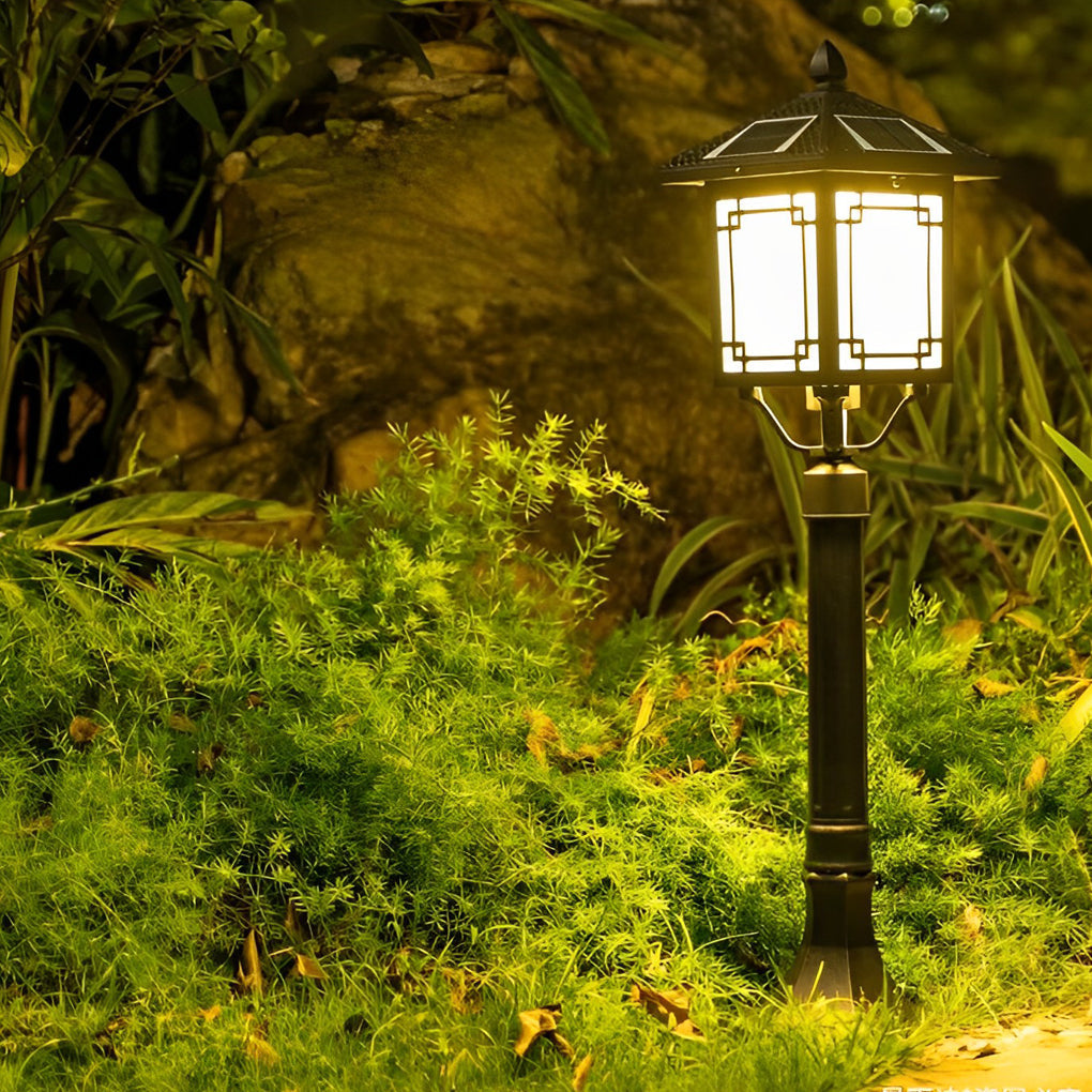 Ancient House Style Solar Outdoor Post Light Black Aluminum 3 Step Dimming Remote 3 Heights IP54