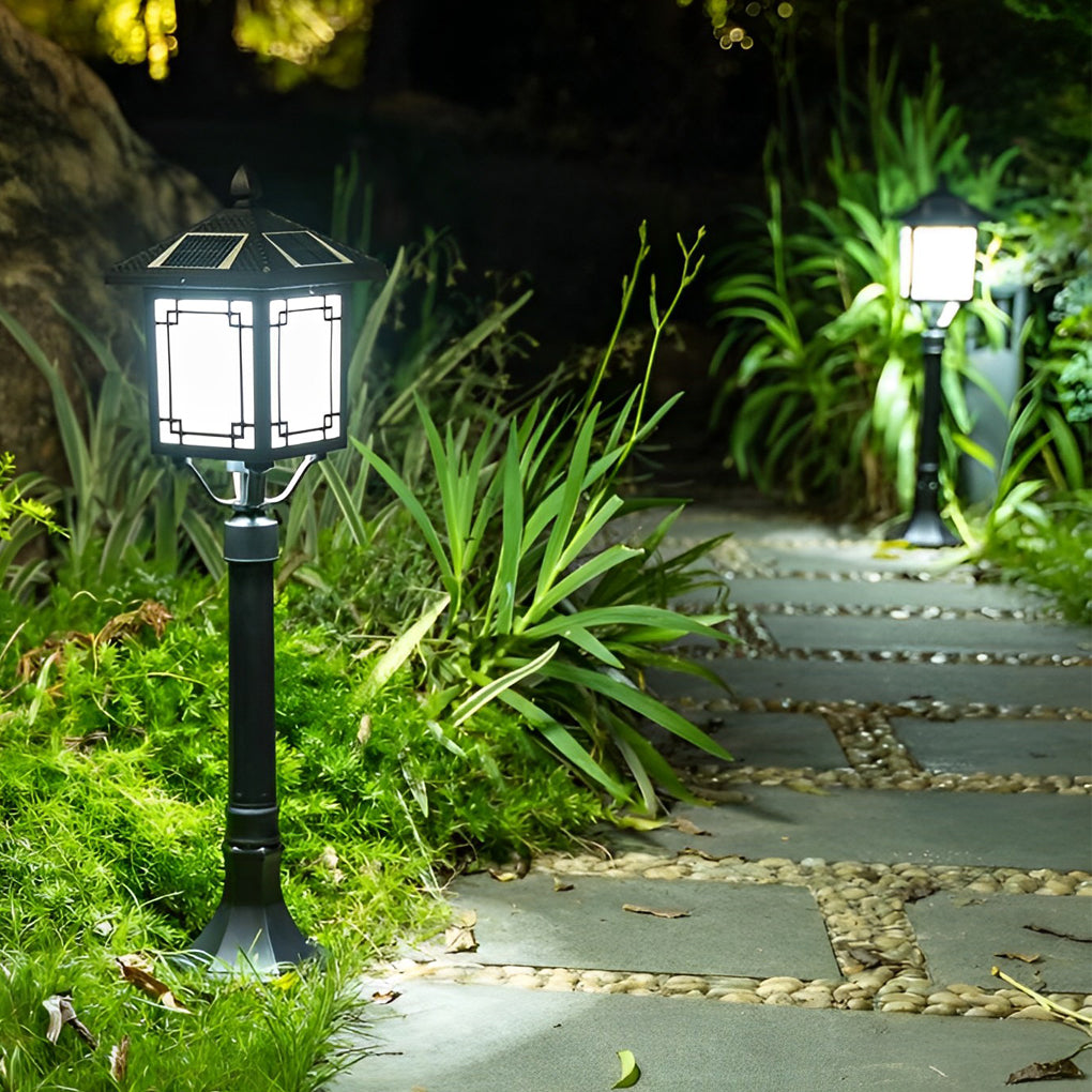 Ancient House Style Solar Outdoor Post Light Black Aluminum 3 Step Dimming Remote 3 Heights IP54
