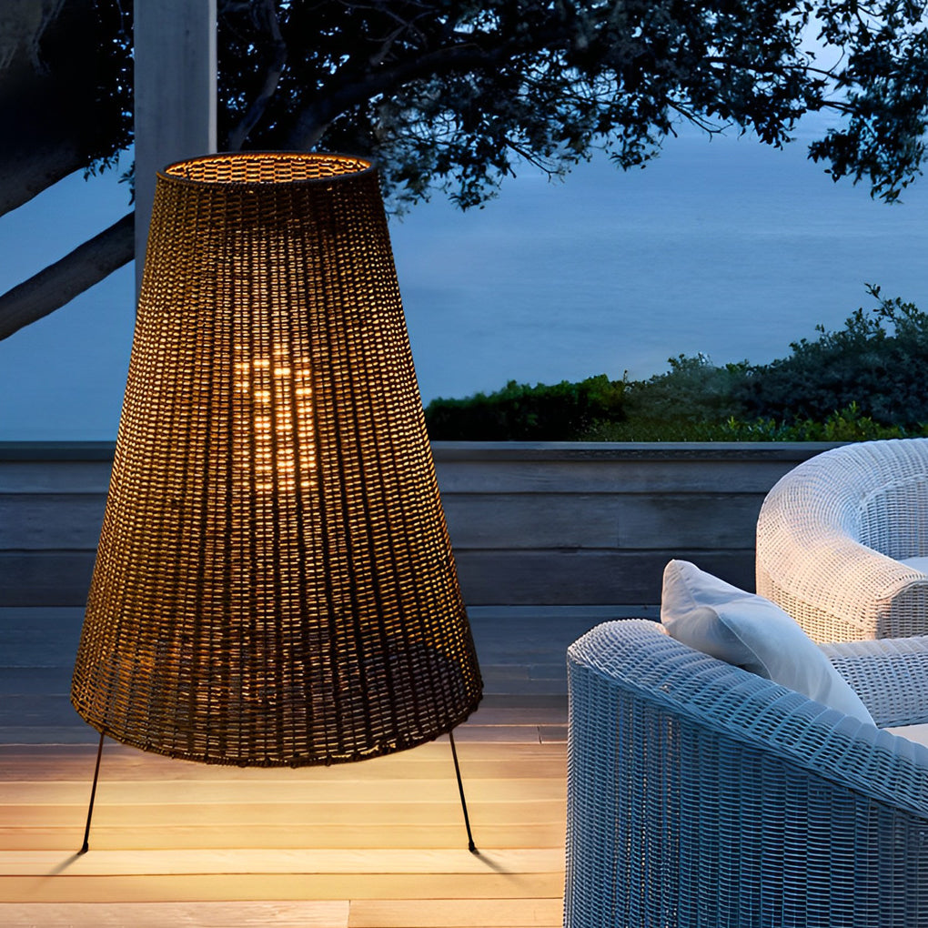 Rattan Tapered Drum Tripod LED Outdoor Floor Lamp IP65 Glass Diffuser 3000K 40W